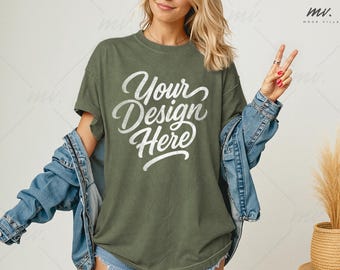 Sage Comfort Colors 1717 Oversized T-shirt Mockup, C1717 Sage Tee Mockup, Women's Comfort Colors 1717 Shirt Mockup, Simple Model Mockup
