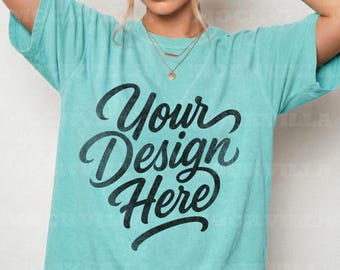 Chalky Mint Comfort Colors 1717 Mockup, CC1717 Tshirt Mockup, Female Model Mockup, Oversized Women Tee, Streetwear Shirt Mockup