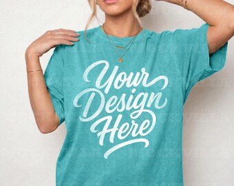 Seafoam Comfort Colors 1717 Mockup, CC1717 Tshirt Mockup, Female Model Mockup, Oversized Women Tee, Streetwear Shirt Mockup