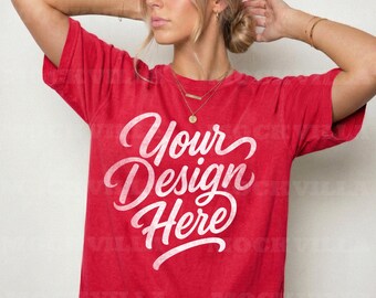Red Comfort Colors 1717 Mockup, CC1717 Tshirt Mockup, Female Model Mockup, Oversized Women Tee, Streetwear Shirt Mockup