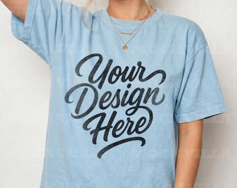 Chambray Comfort Colors 1717 Mockup, CC1717 Tshirt Mockup, Female Model Mockup, Oversized Women Tee, Streetwear Shirt Mockup