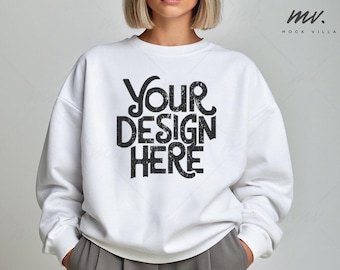 Gildan 18000 Moletom Branco Mockup G180 Moletom Branco Feminino Crewneck Mock-up Modelo Real Mock Trendy Casual Simples Estética mock