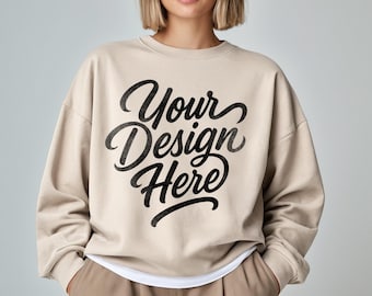 Gildan 18000 Sand Sweatshirt Mockup G180 Sand Women Crewneck Sweatshirt Mock-up Real Model Mock  Trendy Casual Simple Styled Aesthetic mock