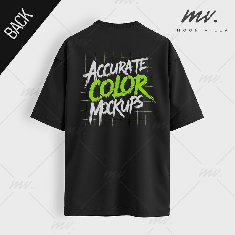 May include: Black t-shirt with a green graphic that says "Accurate Color Mockups" on the back.