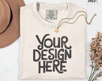 Comfort Colors 1717 Ivory Flatlay T-shirt Mockup, C1717 Ivory Tee Mockup, Folded Comfort Colors 1717 Shirt Mockup, real product
