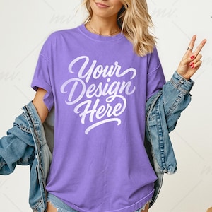 Violet Comfort Colors 1717 Oversized T-shirt Mockup, C1717 Violet Tee Mockup, Women&#39;s Comfort Colors 1717 Shirt Mockup, Simple Model Mockup