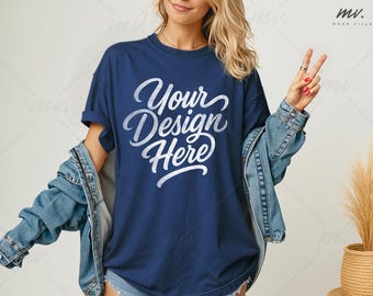 True Navy Comfort Colors 1717 Oversized T-shirt Mockup C1717 True Navy Tee Mockup Womens Comfort Colors 1717 Shirt Mockup Simple Model Mock