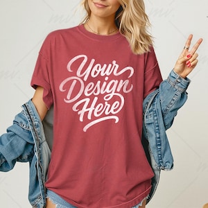 Crimson Comfort Colors 1717 Oversized T-shirt Mockup, C1717 Crimson Tee Mockup, Women's Comfort Colors 1717 Shirt Mockup, Simple Model Mock