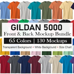 Könnte beinhalten: Ein Mockup-Paket mit 65 verschiedenen Farben von Gildan 5000 T-Shirts. Die T-Shirts werden sowohl in Vorder- als auch in Rückansicht gezeigt. Das Bild enthält den Text "GILDAN 5000", "Front & Back Mockup Bundle", "65 Colors", "130 Mockups" und "Transparent Background + White Background + Size Chart".