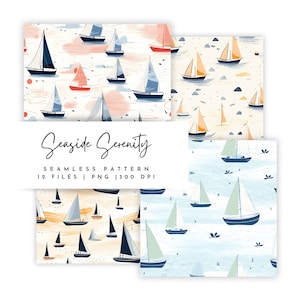 Seaside Serenity: Digitale Papiere, Segelboot Clipart, nahtloses Muster, sofortiger Download, Nautik Clipart, Segelboot Clipart, 12 PGN