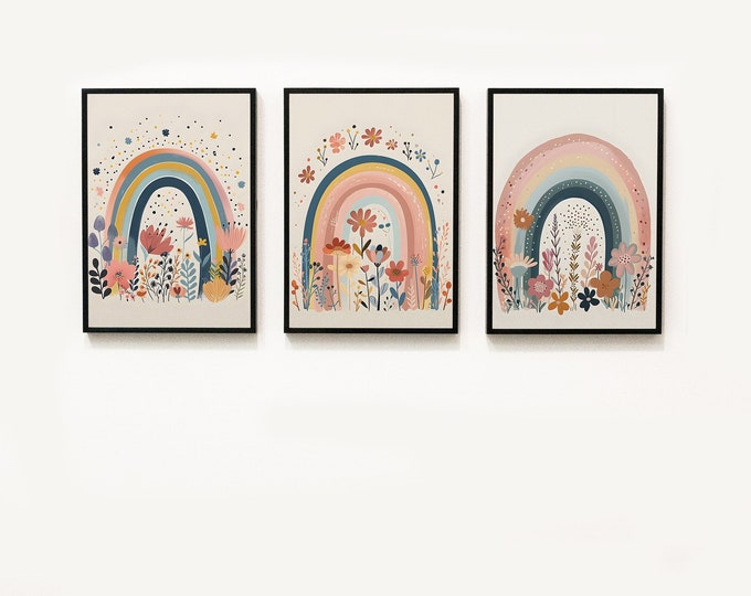 Boho Rainbow Wall Art Set of 3 Wildflower Girl Nursery Prints Rainbow ...