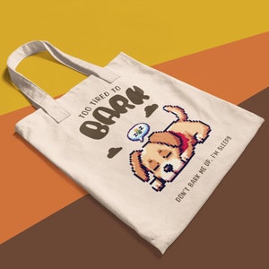 Too Tired to Bark Pixel Art Dog Tote Bag - Stardew Valley Inspired, Funny & Cute Gift, Gift for Gamers, Dog Lovers, Birthday, Christmas
