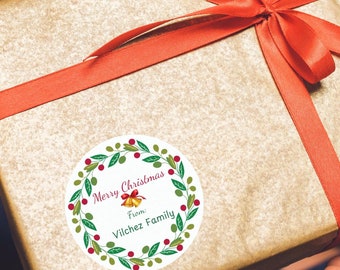 Personalized Merry Christmas Stickers for Gifts - Holiday Favor Tags - Custom Family Name Round Labels - Christmas Wrapping Essentials