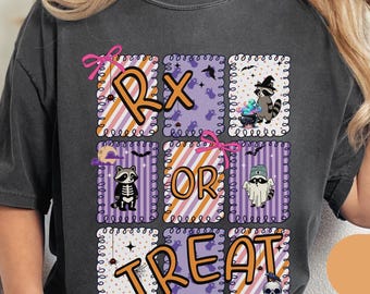 Funny Rx or Treat Halloween Shirt for Pharmacist, Pharmacy Techs Gift Raccoon Lovers, Cute Spooky Fall Tee for Healthcare Workers Nurse Gift