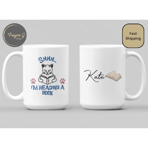 Personalized Book Lover Coffee Mug with Name Custom Book Cat Lovers Coffee Cup Gift for Cat Lovers Book Lovers Coffee Lovers Mom Dad Granny