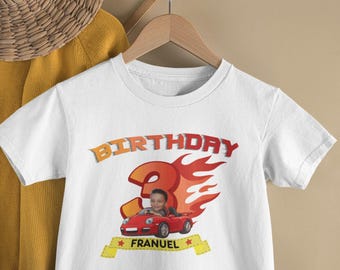 Personalized 3rd Birthday TShirt with Custom Photo and Name | Toddler Birthday Shirt with Car and Flames Design | Custom Birthday Boy Shirt