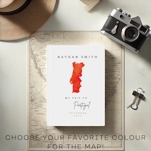 Portugal Aquarell Karte Reisetagebuch, Perfektes Geschenk für Reisende, Minimalistisches Design, Reisekarte, personalisiertes individuelles Geschenk, Notizbuch