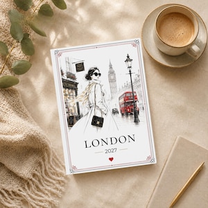 May include: A 2027 London-themed planner featuring a black and white illustration of a person in a trench coat and sunglasses, a red double-decker bus, Big Ben, and a bookstore. The cover includes the text LONDON 2027 and a small red heart icon.