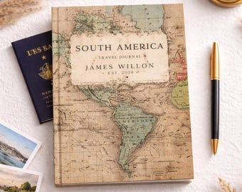 South America Travel Journal – Personalized Hardback Diary with Map Cover · Peru Patagonia Trip Keepsake · Gift for Explorer