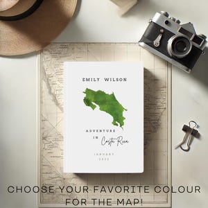 Carnet de voyage, carte du Costa Rica à l'aquarelle, cadeau parfait pour les voyageurs, les couples, lune de miel, mariage, vacances de rêve, voyage en solo, anniversaire d'un ami
