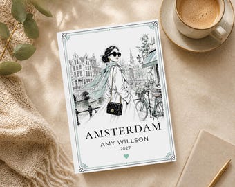Personalised Amsterdam Travel Journal, Custom Name Netherlands Trip Diary, A5 Hardcover Notebook, City Break Gift for Her Friend Sister