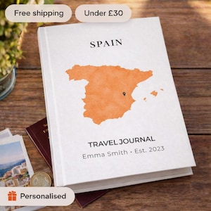 Diario de viaje de España: cuaderno personalizado con mapa de acuarela, cuaderno de viaje personalizado, cuaderno de viaje de regalo