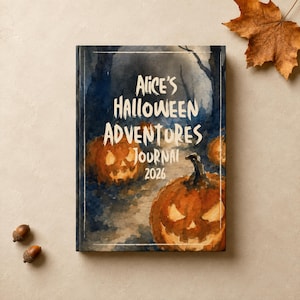 May include: A hardback journal featuring a watercolour illustration of two glowing jack-o'-lanterns in a dark forest. The cover displays the text Alice's HALLOWEEN ADVENTURES JOURNAL 2026 in a white, hand-lettered font, framed by a thin white border.