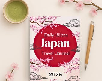 Japan Travel Journal 2026 | Cherry Blossom Travel Diary | Personalized Japan Trip Notebook | Travel Gift for Her | Tokyo Kyoto Planner