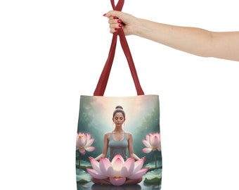 Lotus Asana Tote Bag - Custom Printed Yoga Padmaasana Design, Multiple Sizes & Colors, Durable Polyester Material, Nonwoven Lining, Gift for