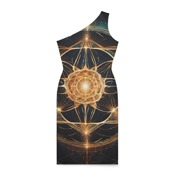 One-Shoulder Dress | Geometric Goddess Dress | Black and Gold | Knee-LengthPolyester | YKK Zipper | Sleeveless Unique Design