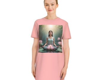 Organic Spinner T-Shirt Dress I Padmaasana Lotus Pose I Stillness within Chaos back-print I  3 colors multiple size  I Sustainable Fashion