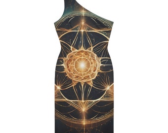 One-Shoulder Dress | Geometric Goddess Dress | Black and Gold |  Knee-LengthPolyester  | YKK Zipper | Sleeveless Unique Design