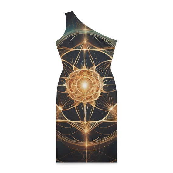 One-Shoulder Dress | Geometric Goddess Dress | Black and Gold | Knee-LengthPolyester | YKK Zipper | Sleeveless Unique Design One-Shoulder Dress | Geometric Goddess Dress | Black and Gold | Knee-LengthPolyester | YKK Zipper | Sleeveless Unique Design