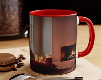 Mugs with a  cozy fireplace setting with deep reds and warm browns, Nurture warmth and rest within