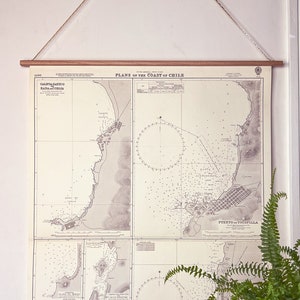 Mapa do Almirantado Vintage 1964 3077 Planos na costa do Chile montados em bastões de madeira para pendurar