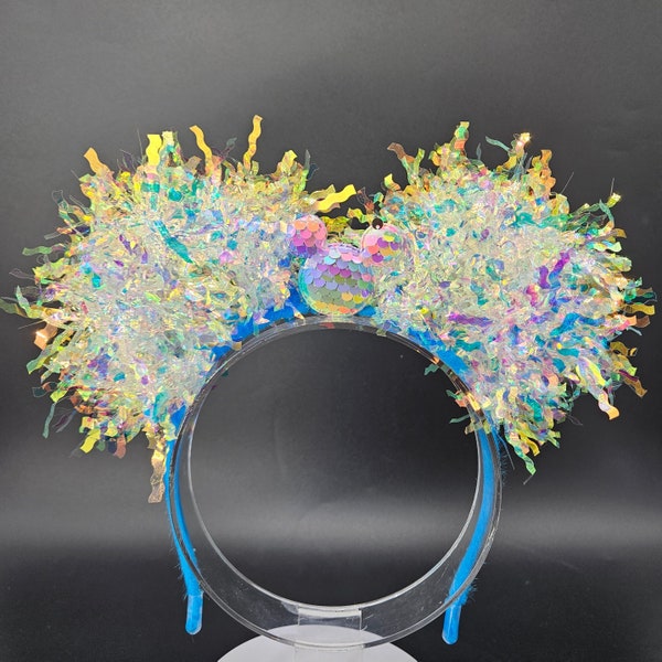 Rainbow Mickey Ears, Princess DisneyBound, Blue Iridescent Holographic Sequin Minnie Custom Headband, Vacation Gift for Mom or Daughter