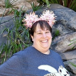 Puede incluir: Una persona sonriente lleva una camiseta azul con un gr&aacute;fico de tortuga marina y una diadema floral rosa. El fondo incluye vegetaci&oacute;n y un muro de piedra.