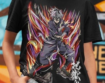 May include: Black t-shirt featuring a graphic of an anime character with white hair and a sword, surrounded by flames. The character is wearing a black and purple outfit. The text "攻撃" is printed on the shirt.