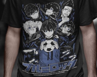 May include: Black t-shirt with a graphic print of a group of anime characters playing soccer. The text "Blue Lock" is printed on the bottom of the shirt.