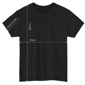 May include: Black t-shirt with measurements for length, width, and sleeve length.