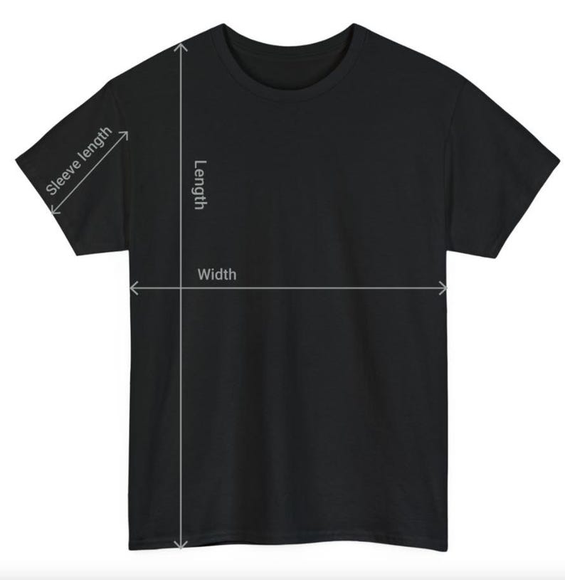 May include: Black t-shirt with measurements for length, width, and sleeve length.