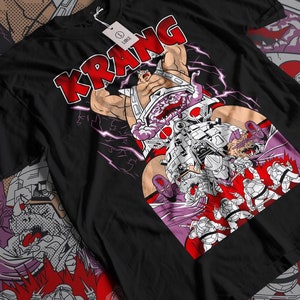 May include: Black t-shirt with a graphic print of the Teenage Mutant Ninja Turtles fighting Krang. The graphic features Krang's body and head, with the text "KRANG" in red letters above him.