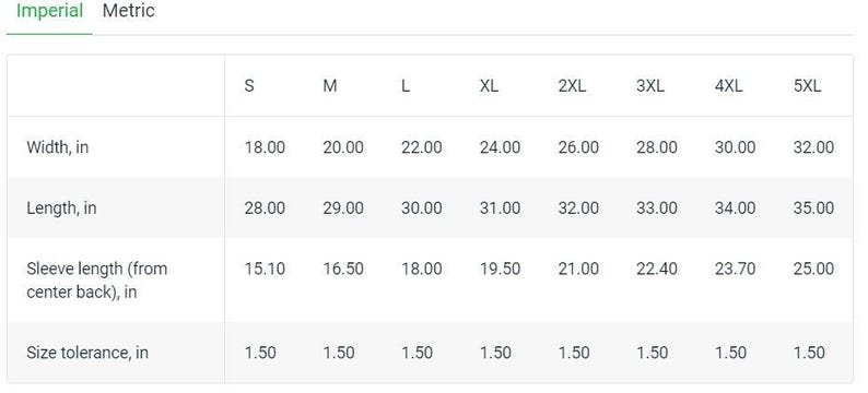May include: A size chart for clothing with measurements in inches for width, length, sleeve length, and size tolerance. The chart shows sizes from S to 5XL.