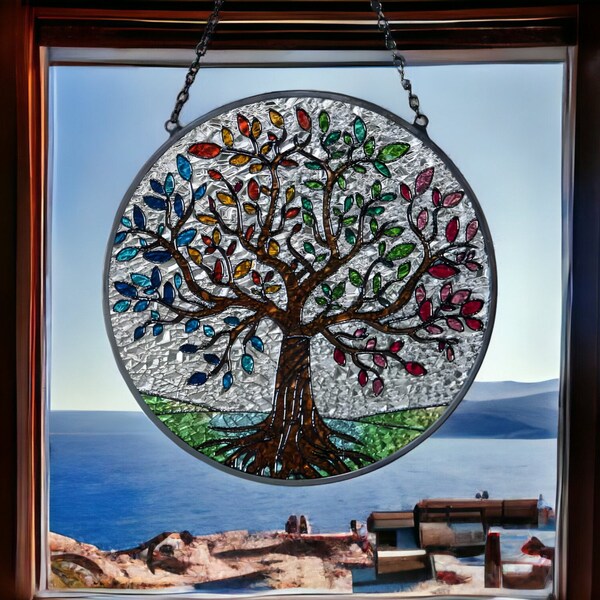 Atrapasueños de vidrieras: Árbol de la vida / Celebrando las cuatro estaciones / Ventana de hojas coloridas y adorno de pared