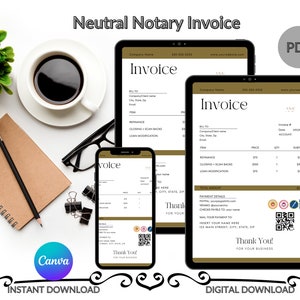 Puede incluir: Una plantilla de factura de notario neutral descargable digitalmente en formato PDF. La plantilla está diseñada para un notario público e incluye secciones para información de facturación, número de factura, fecha, cuenta, referencia, precio, cantidad, subtotal, importe total, detalles de pago y un mensaje de agradecimiento. La plantilla se muestra en una tableta, un teléfono y una pantalla de ordenador.