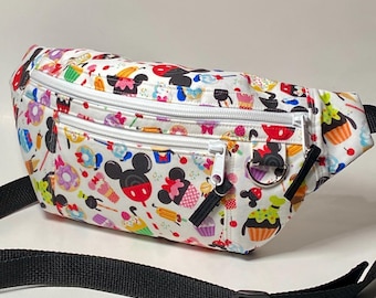 Mouse and Duck Desserts Fanny Pack – Three Zipper Belt Bag for Theme Parks