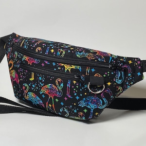 Flamingo fanny pack in neon colors with 3 zippered pockets and d ring