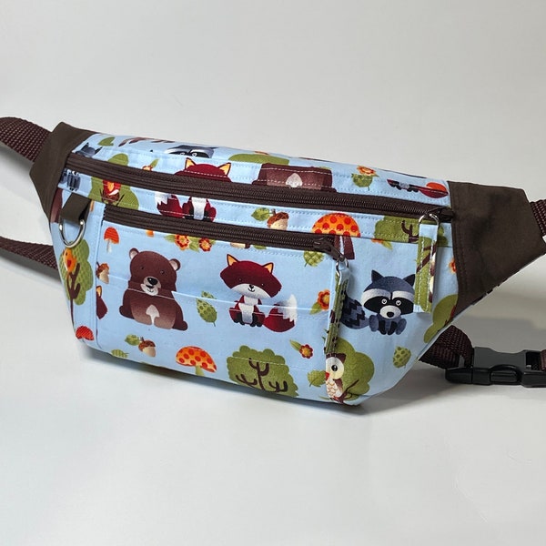 Fox, raccoon and bear fanny pack / belt bag with front sticker pocket and D ring