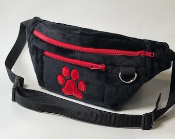 Black minky Fanny pack with decorative red minky paw print