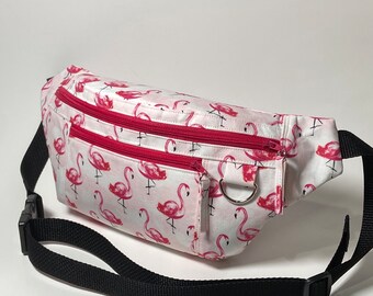 Flamingo on white fanny pack / sling bag